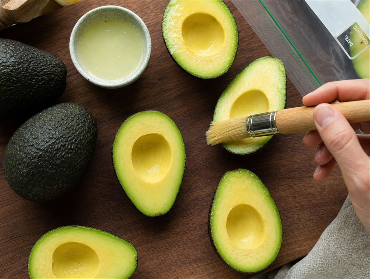 Avocadohälften werden mit Zitronensaft vor dem Einfrieren behandelt
