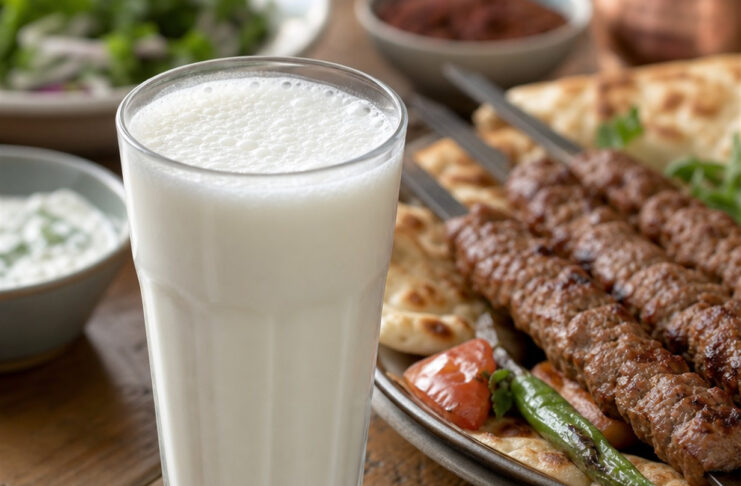Ein Glas Ayran mit feinem Schaum neben gegrilltem Fleisch am Spieß