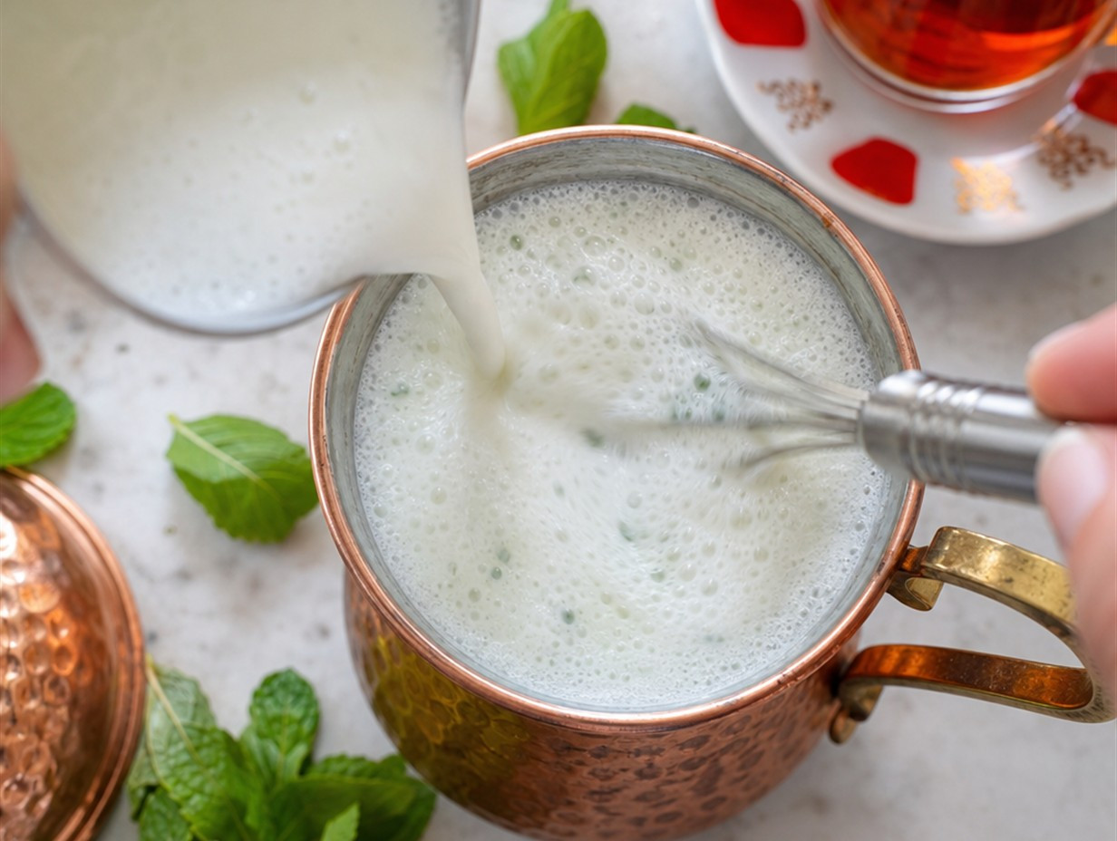 Frisch aufgeschlagener Ayran mit Schaum in einem Becher, Minzblätter daneben