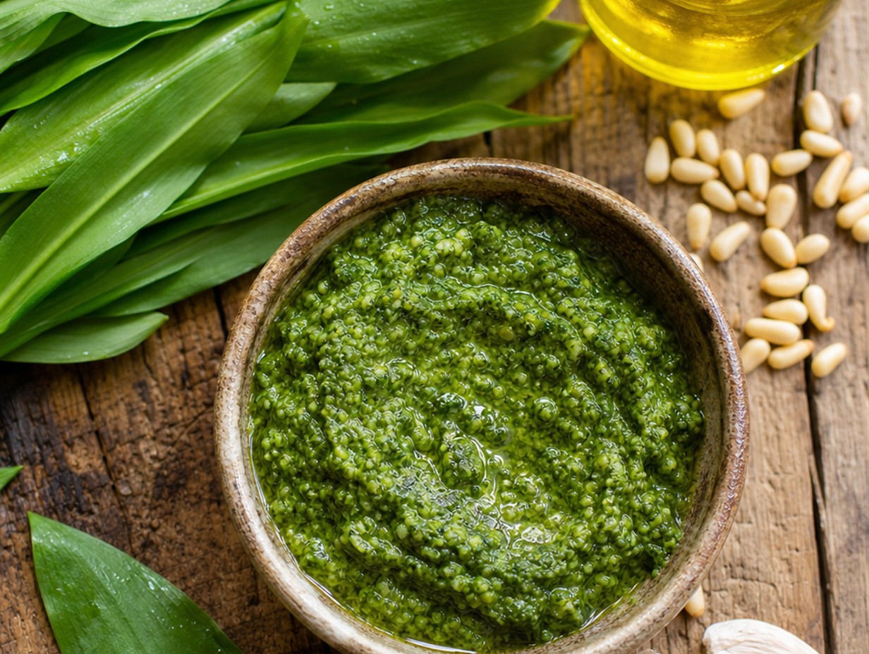 Frisch zubereitetes Bärlauchpesto in einer Schale, umgeben von frischen Bärlauchblättern, Pinienkernen und Knoblauch