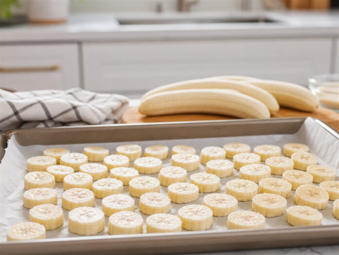 Reife Bananenscheiben werden zum Einfrieren vorbereitet