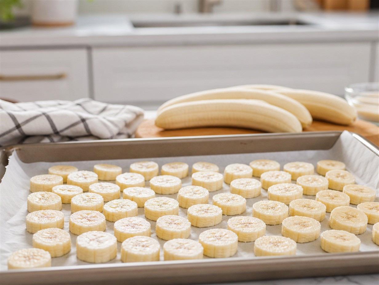 Reife Bananenscheiben werden zum Einfrieren vorbereitet