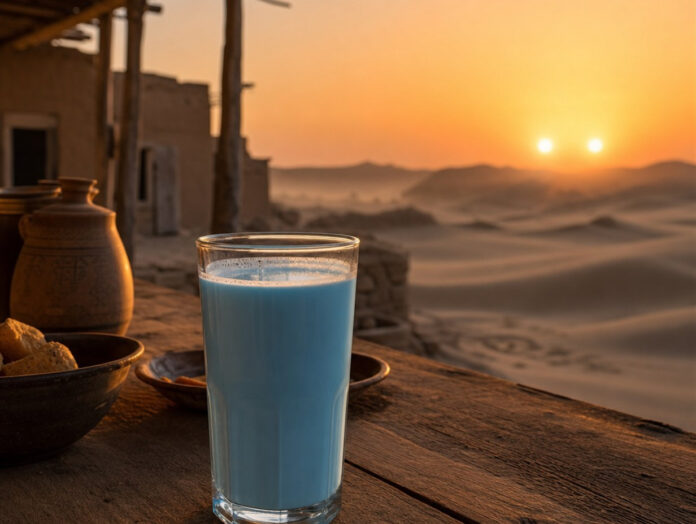 Blue Milk – die blaue Milch aus Star Wars Glas mit blauer Milch auf einem rustikalen Holztisch vor einer Wüstenszene, Symbolbild für Blue Milk aus Star Wars