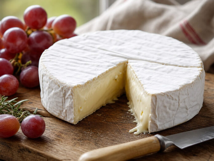 Brie Käse Ein Laib Brie mit angeschnittenem Stück, das die cremige Konsistenz zeigt