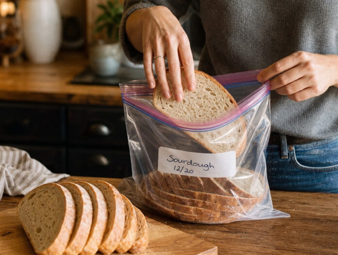 Brotscheiben werden in einen Gefrierbeutel gefüllt