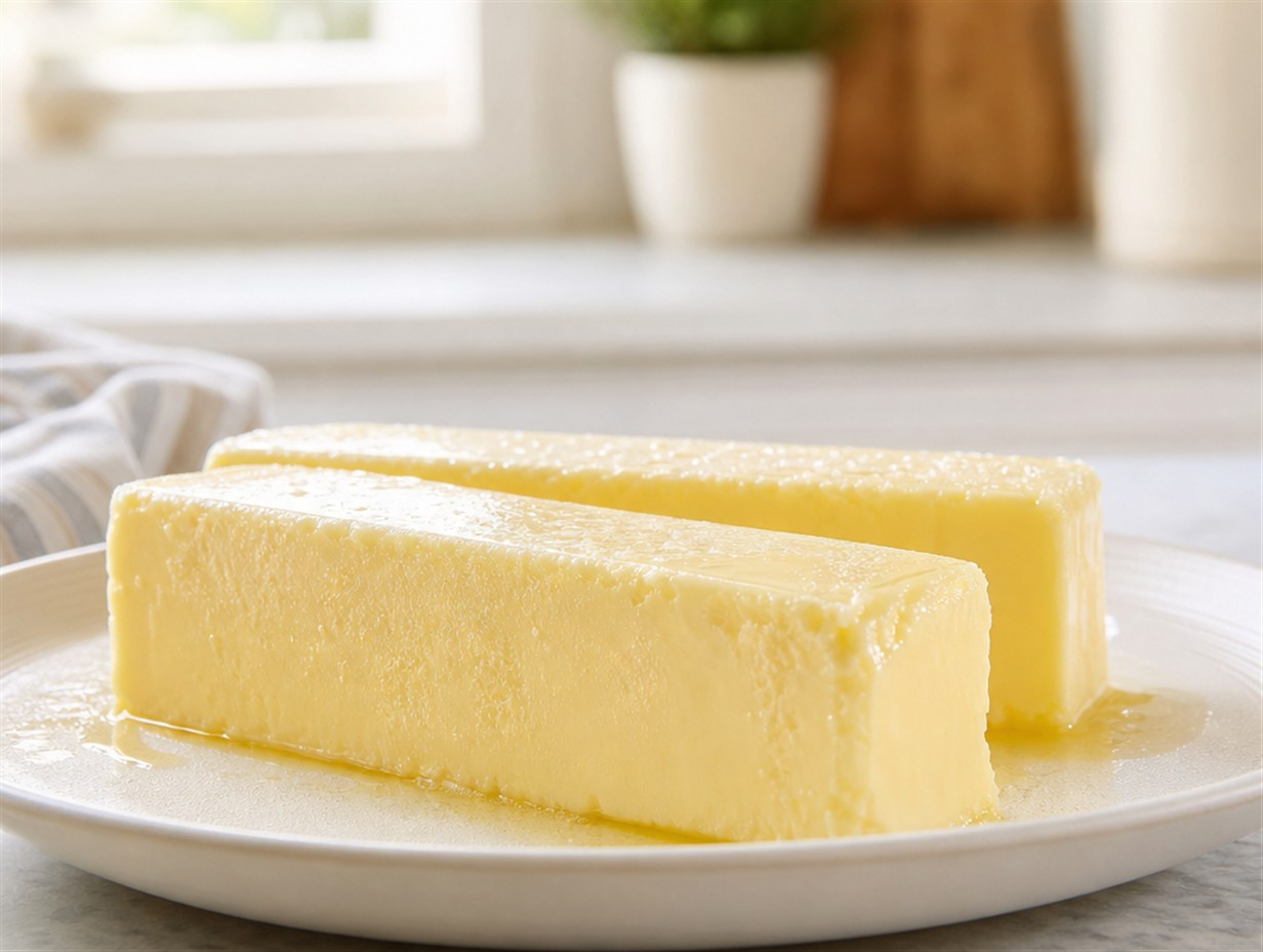 Gefrorene Butter taut bei Raumtemperatur auf einem Teller auf