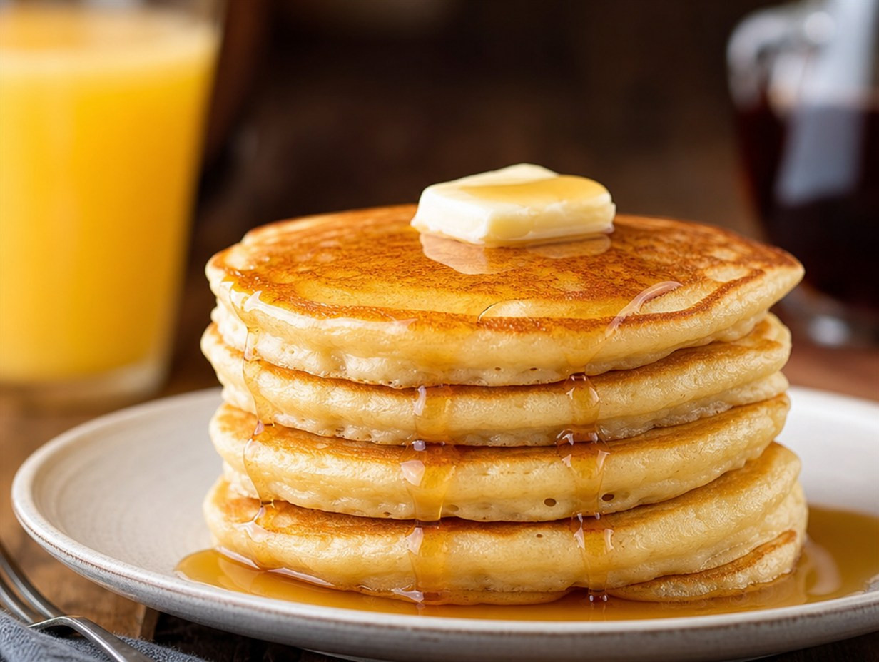 Gestapelte Buttermilch-Pancakes mit Ahornsirup und einem Stück Butter