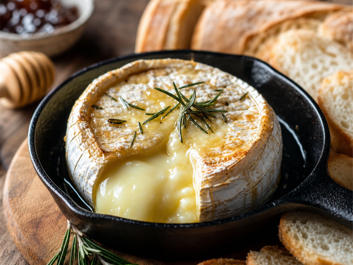 Gebackener Camembert in einer Gusseisenform, geschmolzen und mit Baguette serviert