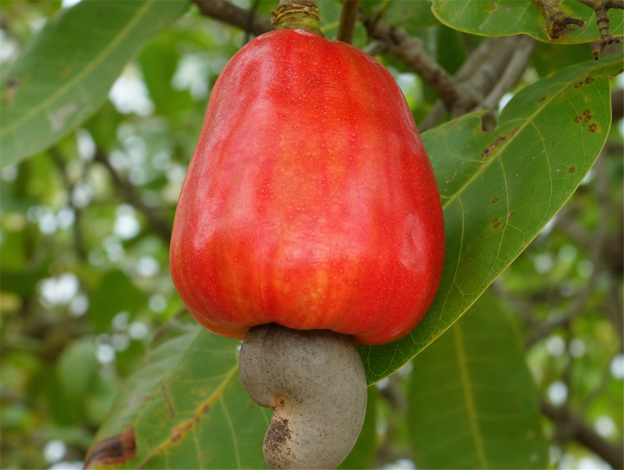 Cashewapfel mit der Cashewnuss, die außen unter der Frucht hängt