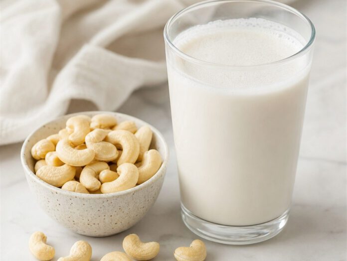 Glas Cashewmilch neben rohen Cashewkernen