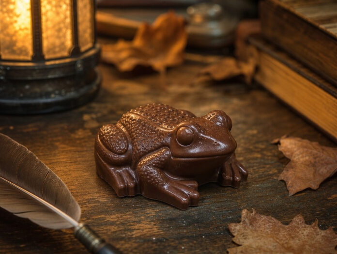 Schokofrosch – Chocolate Frog aus Harry Potter Froschförmige Schokolade auf einem alten Holzschreibtisch, Symbolbild für den Chocolate Frog aus Harry Potter