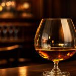 Ein Schwenkglas mit bernsteinfarbenem Cognac in warmem Barlicht