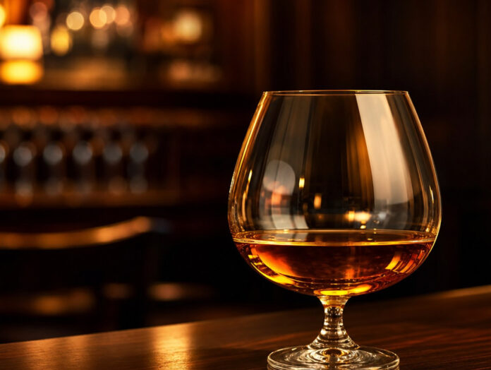 Cognac im Schwenkglas Ein Schwenkglas mit bernsteinfarbenem Cognac in warmem Barlicht