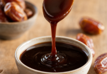 Wie schmeckt Dattelsirup? Dunkler, dickflüssiger Dattelsirup wird von einem Löffel in eine Schale geträufelt, umgeben von Datteln
