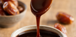 Wie schmeckt Dattelsirup? Dunkler, dickflüssiger Dattelsirup wird von einem Löffel in eine Schale geträufelt, umgeben von Datteln