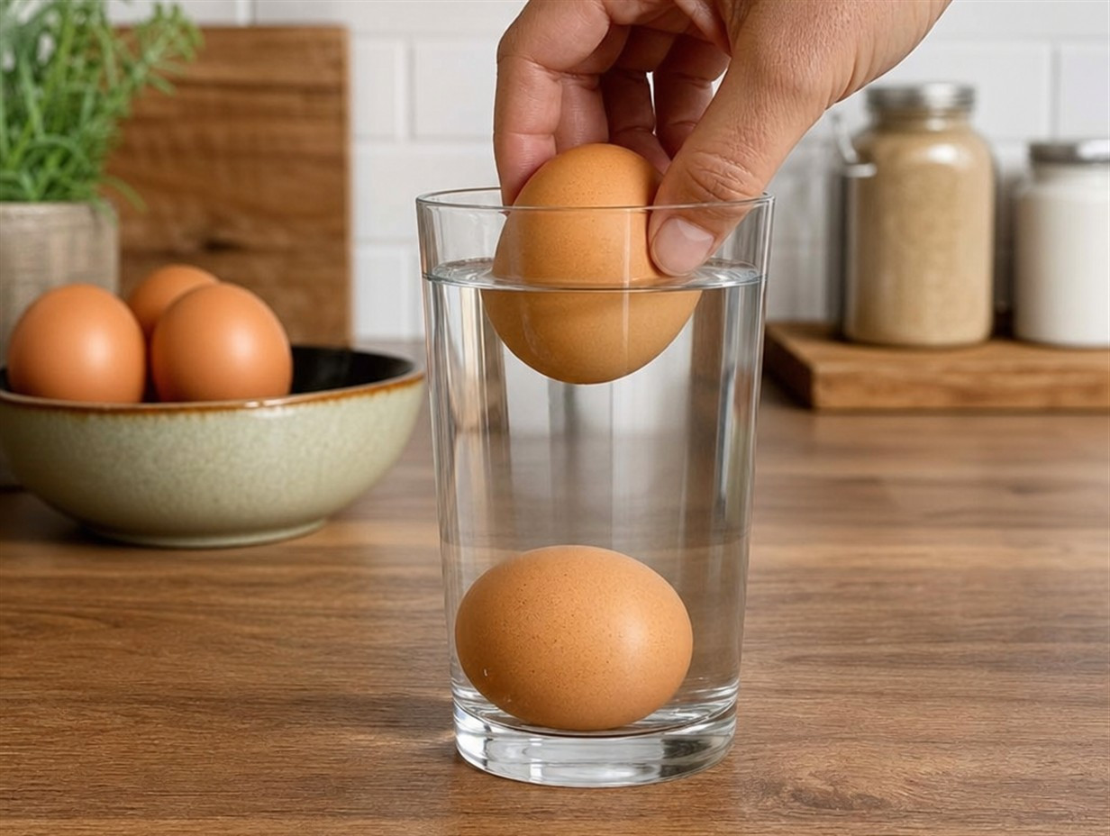 Ein Ei wird im Wasserglas auf Frische getestet