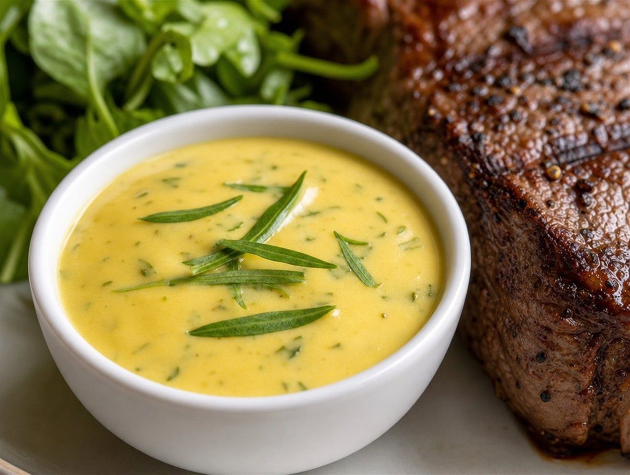 Sauce Béarnaise mit frischem Estragon neben gegrilltem Steak