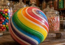 Everlasting Gobstopper: Das Bonbon, das niemals kleiner wird Großes buntes Bonbon mit Regenbogenstreifen auf einer alten Süßwarenladentheke, Symbolbild für den Everlasting Gobstopper
