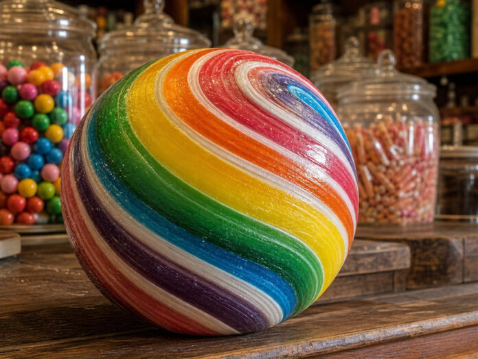 Everlasting Gobstopper – das bunte Bonbon Großes buntes Bonbon mit Regenbogenstreifen auf einer alten Süßwarenladentheke, Symbolbild für den Everlasting Gobstopper