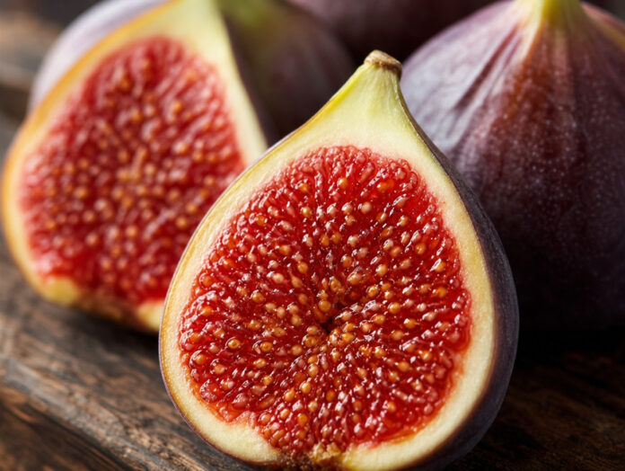Aufgeschnittene reife Feigen mit marmeladigem Fruchtfleisch Aufgeschnittene reife Feigen mit sichtbarem marmeladigem Fruchtfleisch