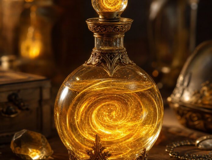 Ein golden schimmernder Zaubertrank in einer Glasphiole
