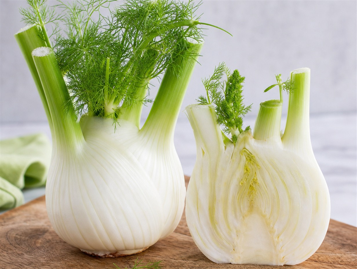 Frische Fenchelknolle mit Grün, eine Hälfte aufgeschnitten zeigt die Schichtstruktur