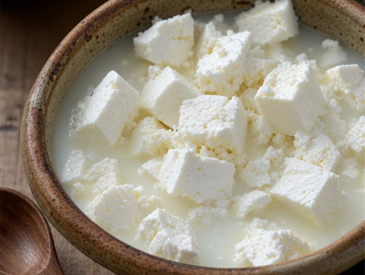 Feta-Würfel in Salzlake in einer Keramikschale