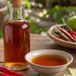 Bernsteinfarbene Fischsauce in einer Schale mit Flasche, Chili und Limette