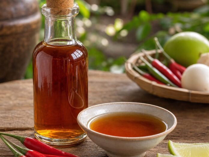 Fischsauce in einer Schale Bernsteinfarbene Fischsauce in einer Schale mit Flasche, Chili und Limette