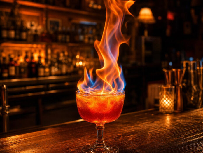 Flaming Moe – der brennende Kultcocktail Brennender orangeroter Cocktail mit Flamme in einer Bar, Symbolbild für den Flaming Moe aus den Simpsons