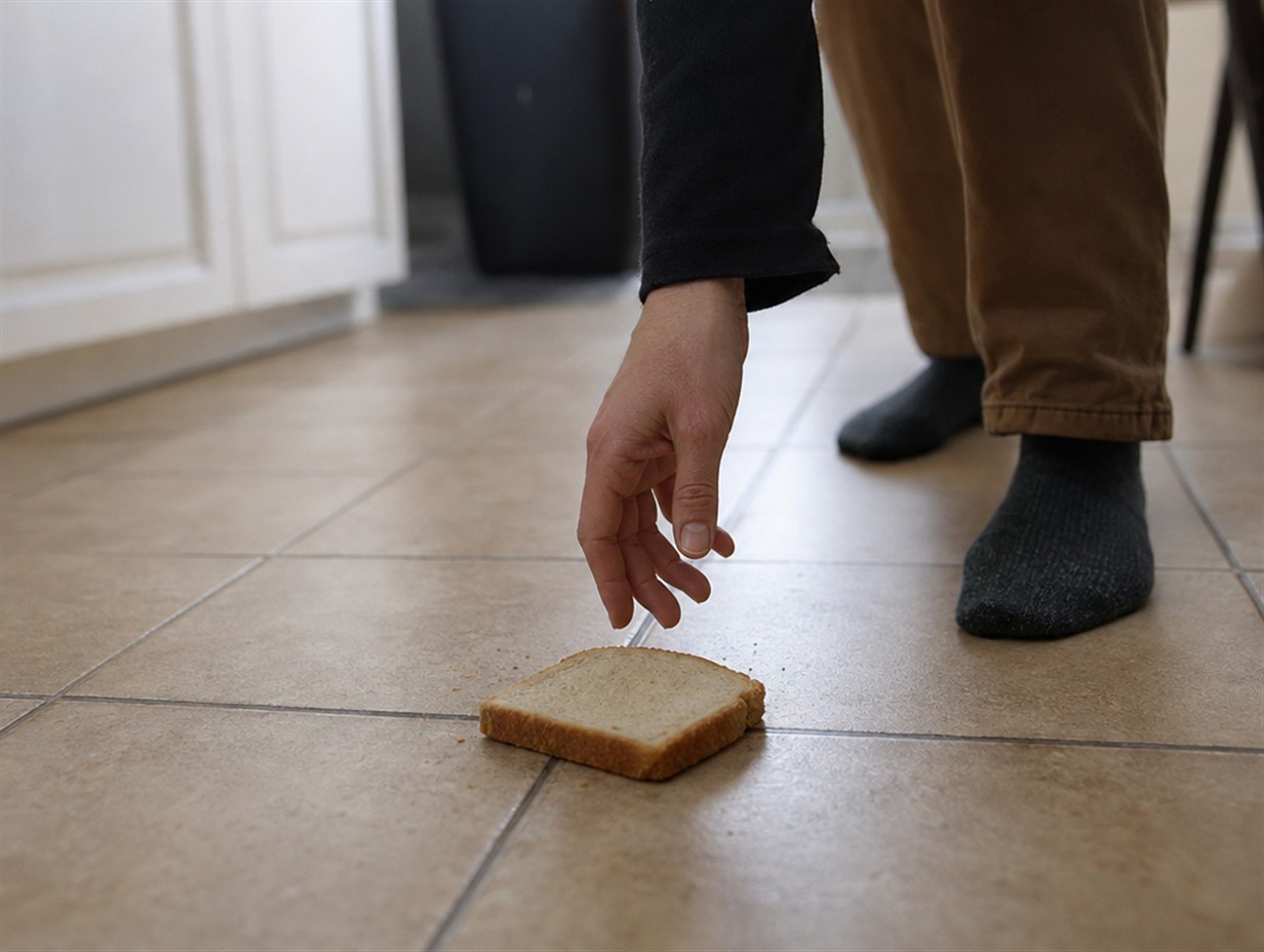 Ein Stück Brot fällt auf den Küchenboden