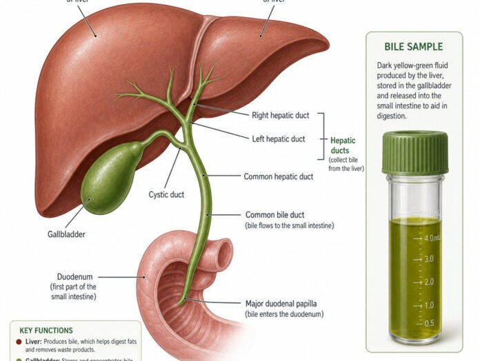 Galle Illustration Leber und Gallenblase Medizinische Illustration von Leber und Gallenblase neben einer Laborprobe mit dunkelgelb-grüner Flüssigkeit