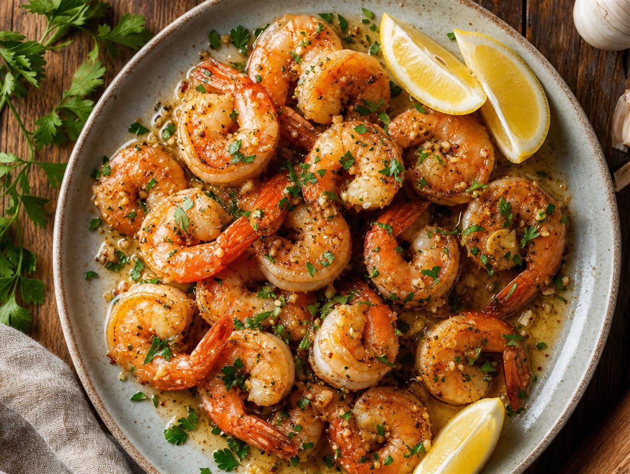 Gebratene Garnelen mit Knoblauch und Zitrone in der Pfanne
