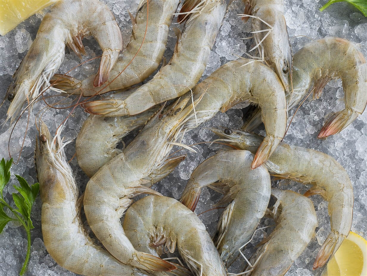 Rohe graue Garnelen auf Eis, noch vor dem Kochen