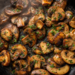 Gebratene Champignons mit Butter und Petersilie in einer gusseisernen Pfanne
