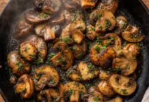 Wie schmecken Champignons? Gebratene Champignons mit Butter und Petersilie in einer gusseisernen Pfanne