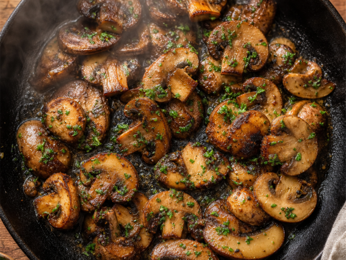 Gebratene Champignons in der Pfanne Gebratene Champignons mit Butter und Petersilie in einer gusseisernen Pfanne