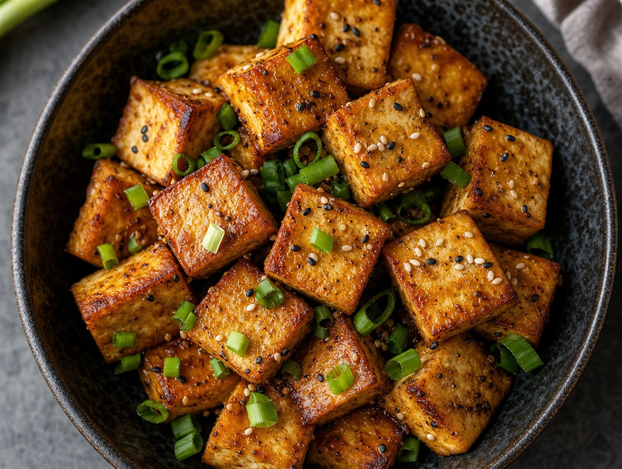 Gebratener Tofu mit Sesam und Frühlingszwiebeln in einer Schale