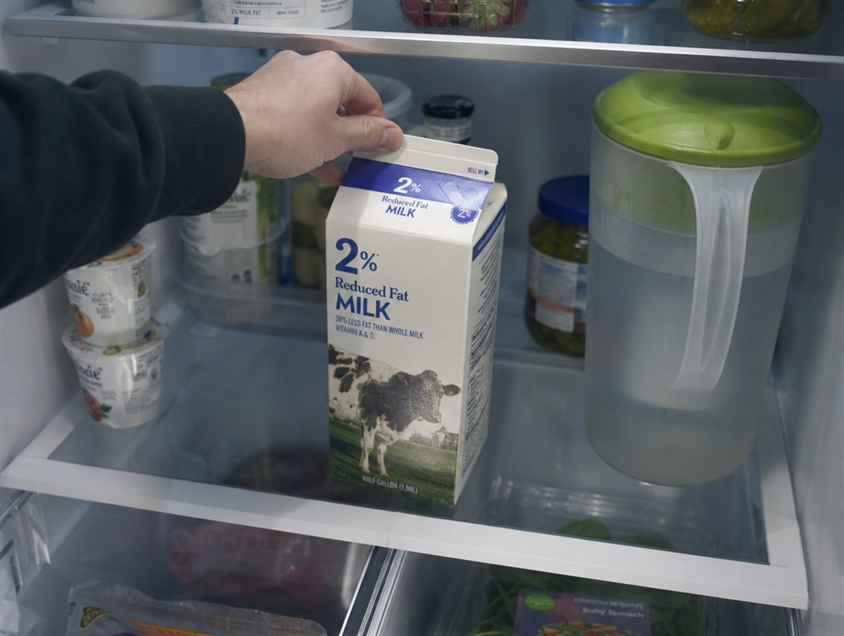 Geöffnete Milchpackung wird im mittleren Kühlschrankfach gelagert