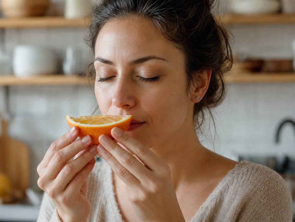 Frau hält sich eine Orangenscheibe an die Nase und versucht, sie zu riechen