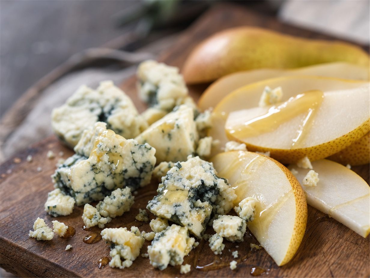Gorgonzola mit Honig und Birnenspalten auf einem Holzbrett