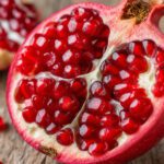 Halbierter Granatapfel mit glänzenden roten Kernen