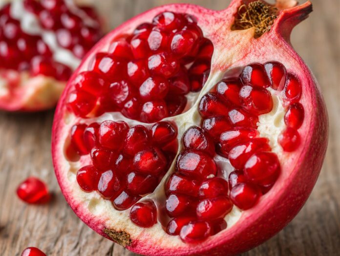 Halbierter Granatapfel mit glänzenden roten Kernen
