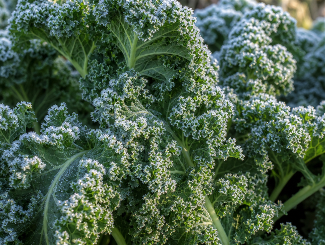 Frische Grünkohlblätter mit Raureif im Winter