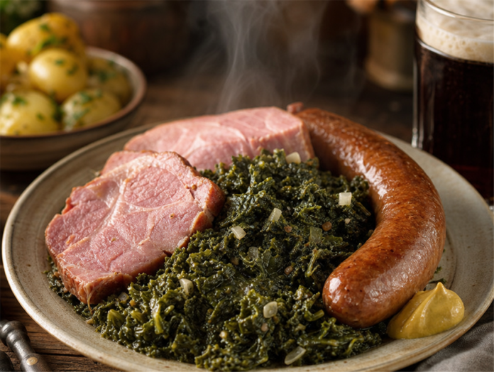 Grünkohl mit Pinkel Grünkohl mit Pinkel, Kassler und Kartoffeln auf einem Teller, norddeutsches Wintergericht
