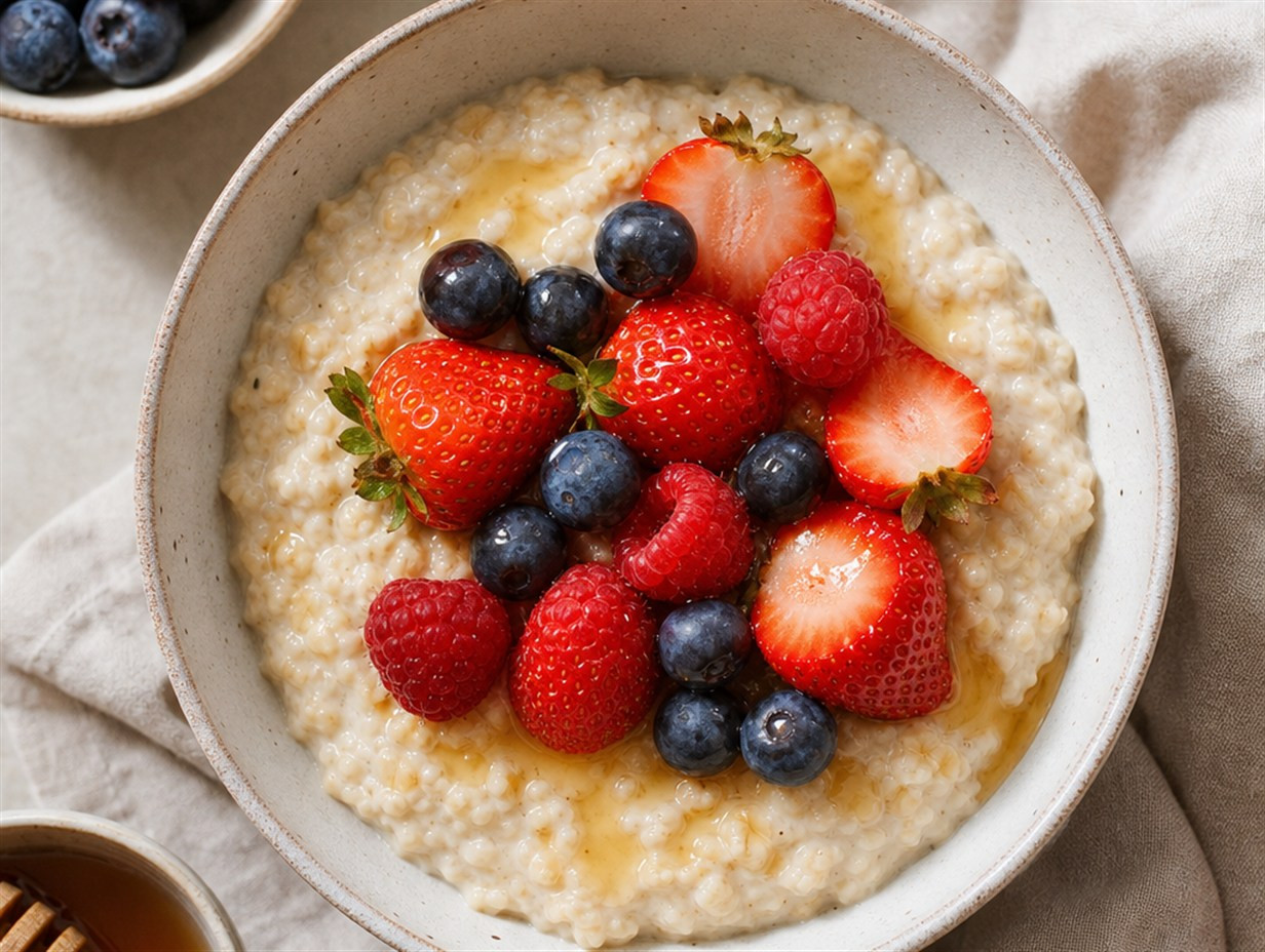 Schale Haferbrei mit frischen Beeren und Honig