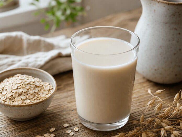 Ein Glas Hafermilch neben Haferflocken