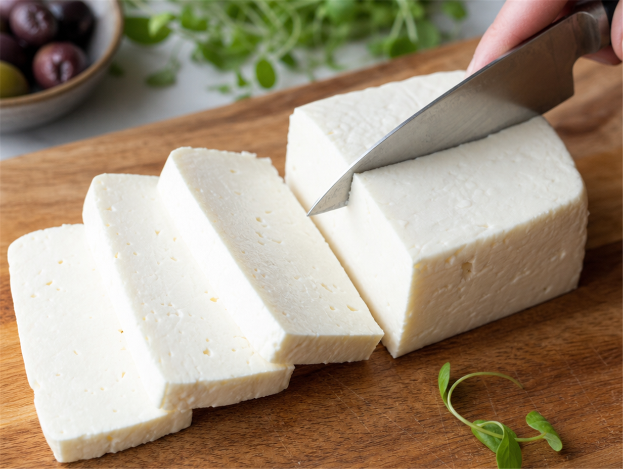 Block Halloumi-Käse wird in dicke Scheiben geschnitten