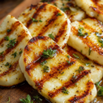 Gegrillte Halloumi-Scheiben mit goldbraunen Grillstreifen auf einem Holzbrett