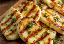 Wie schmeckt Halloumi? Gegrillte Halloumi-Scheiben mit goldbraunen Grillstreifen auf einem Holzbrett